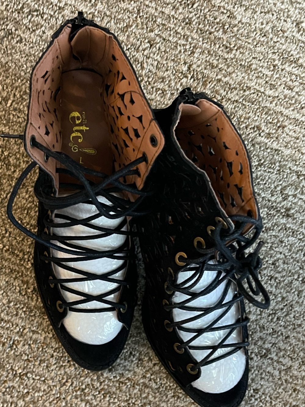 Rue21 Black Lace-Up Laser Cut Ankle Boots with Tan Interior